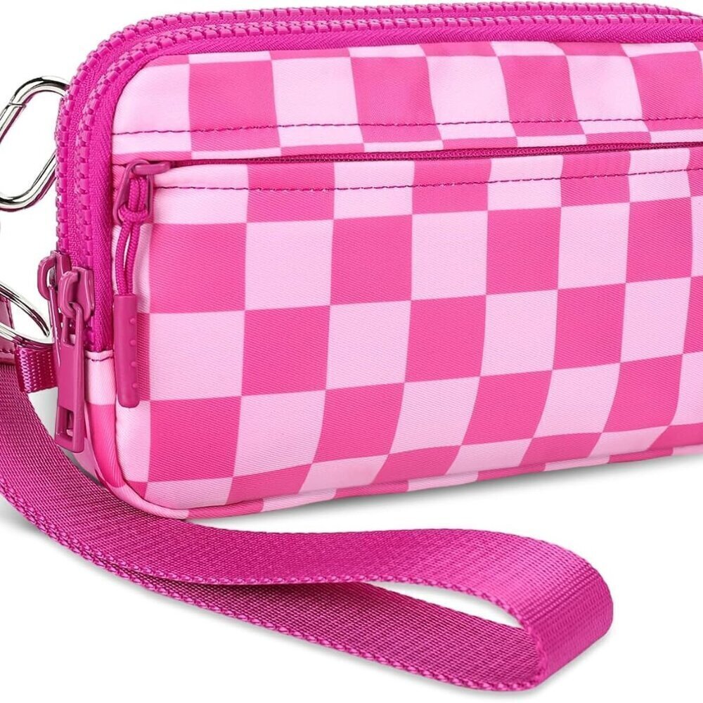 Checkered Nylon Wristlet Wallet for Women with ID Window Small Crossbody Purse